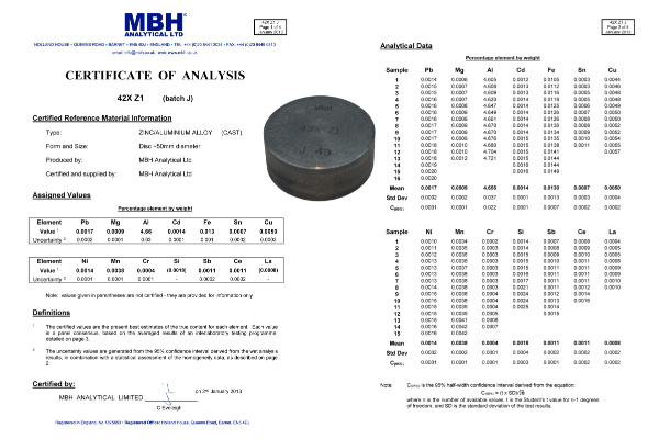 MBH 42XZ1鋅標(biāo)樣 - 高精度光譜分析標(biāo)準(zhǔn)樣品